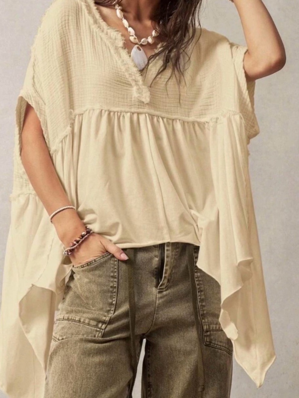 Free People We the Free Sugar Rush Banydoll Top Boho V-Neck Cream Flutter Top
